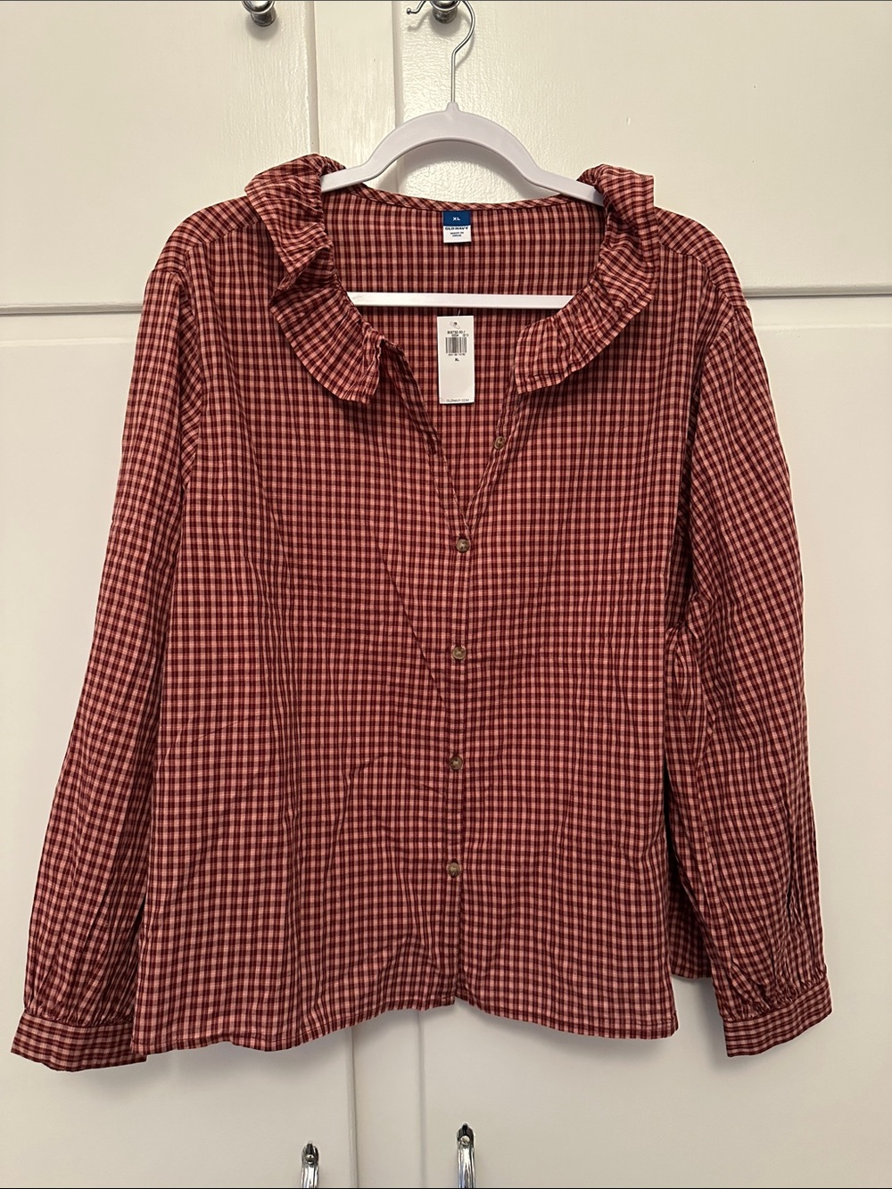 NWT Old Navy 100% Cotton Ruffled Collar Button-Front Top - Plaid Red